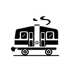 Black silhouette of a train, emitting smoke, depicting a stylized representation of a vintage railway carriage.