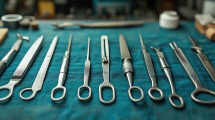 A collection of various surgical instruments neatly arranged on a teal fabric surface in a workshop