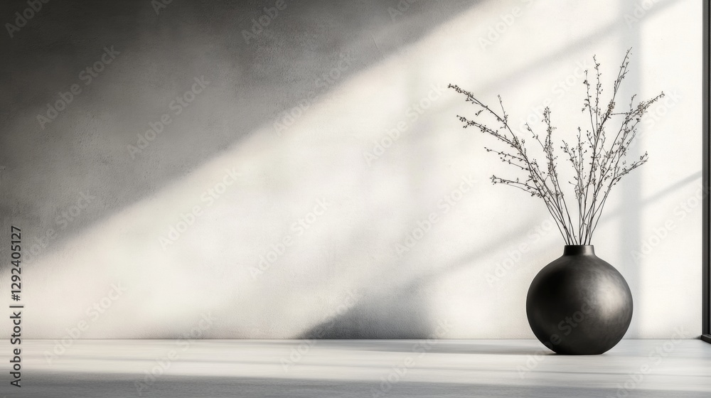 Poster Elegant vase with branches displayed in a minimalistic interior with soft sunlight streaming through windows. Generative AI
