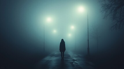 Fototapeta premium Solitary figure on foggy night street, illuminated by streetlights.