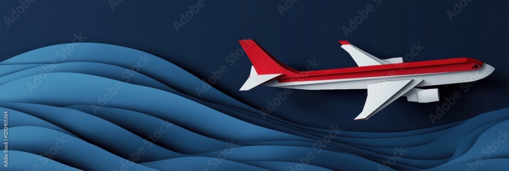 Poster model airplane flying over stylized waves in deep blue background with vibrant red accents and smoot