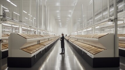 Fototapeta premium A person examining shelves of neatly arranged products in a modern, spacious warehouse environment