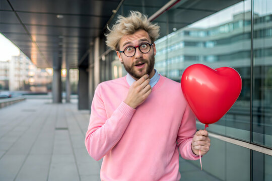 Firting Man in Pink Sweater Holding a Heart Balloon