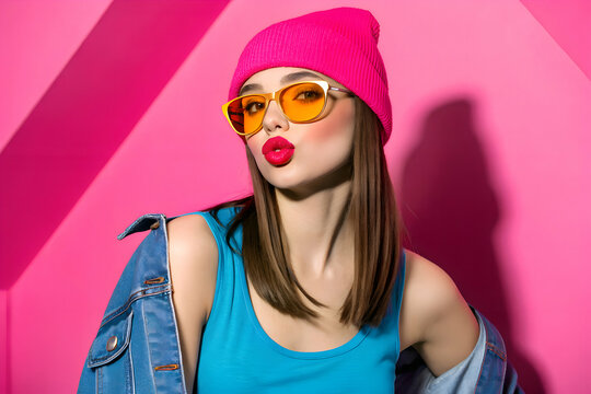 Firting Young Woman in Pink Beanie with Playful Expression