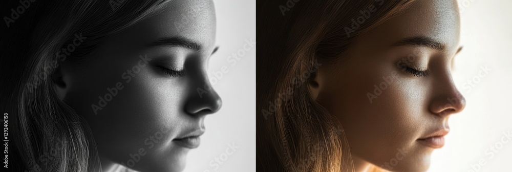Poster Mood transformation captured, showing a shift from sadness in grayscale to brightness and tranquility in color. Generative AI