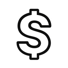 Dollar sign icon in black and white line art on white and transparent background, PNG.