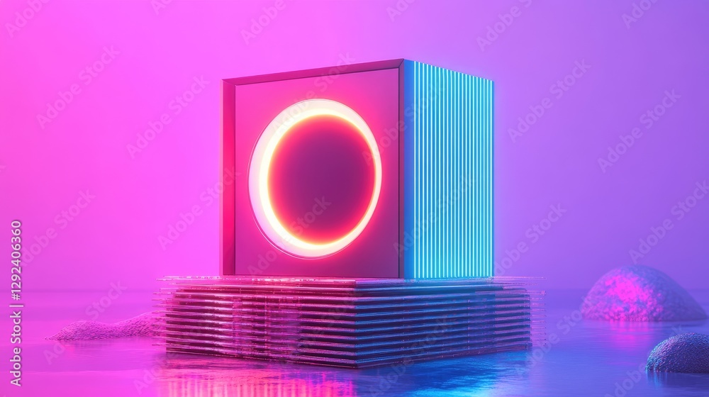 Poster ultra-modern quantum computer processing unit on a neon cyan background, symbolizing ai integration.