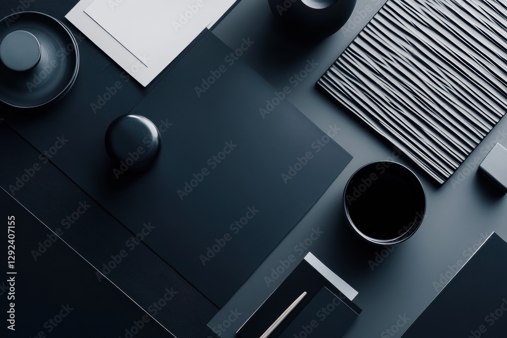 Poster Stylish arrangement of black and white objects on a dark surface creating a modern aesthetic in a minimalist workspace. Generative AI