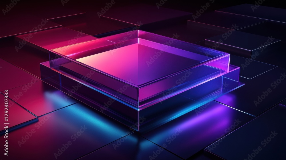 Poster Colorful geometric shapes illuminated by vibrant neon lights create a striking visual effect in a dark environment. Generative AI