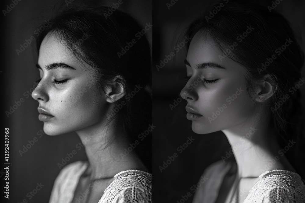 Leinwandbilder mood transformation from sadness to serenity in grayscale and color on a young womans face. generati