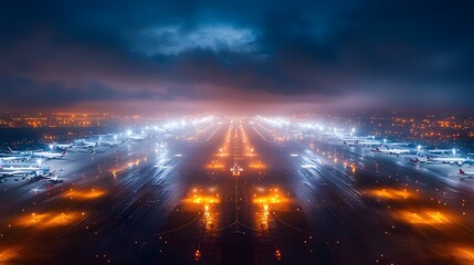 Fototapeta premium Mysterious foggy aerial view of an airport at night urban landscape nighttime photography