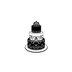 Elegant three-tiered cake with intricate filigree and topper, black and white silhouette illustration on white background.