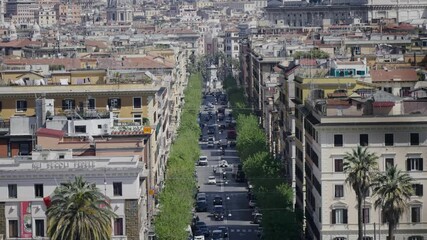 Aerial captivating overhead view of Rome, showcasing the bustling Via Crescenzio street with its historic buildings and Vitoria Colonna Basilica Ambrose Charles Corso