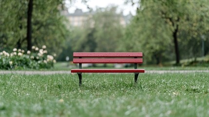 Empty red park bench, grassy area, city background, peaceful scene, relaxation