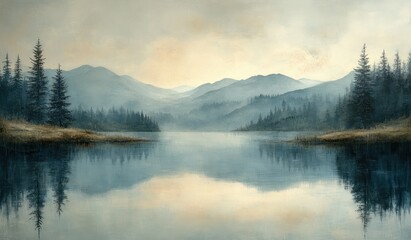Serene Landscape Impressionist Oil Painting with Soft Pastel Colors and Gentle Mist Over Rolling Hills