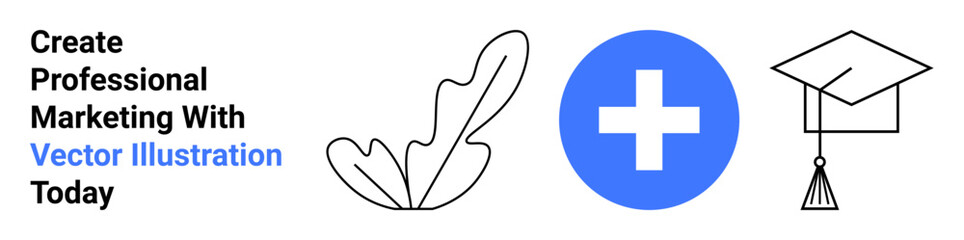 Black leaf, blue cross sign, and outlined graduation cap represent education, health, growth. Ideal for learning platforms, health services, startups, business growth branding creativity flat