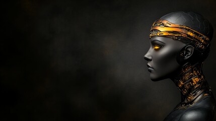 Profile of a black female cyborg,  golden accents against a dark background. Futuristic, elegant, mysterious.