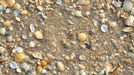 Coastal natural texture with sand and seashells background for design