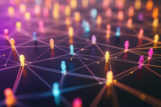 Colorful 3D avatars create a vibrant network connecting through glowing lines in a digital social media environment. Generative AI