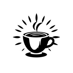 Steaming coffee cup illustration, emitting light, on a white background. Simple black and white design with steam.