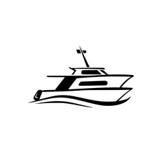 Boat: Simple black-and-white minimalist illustration of a modern motor yacht against a white background.