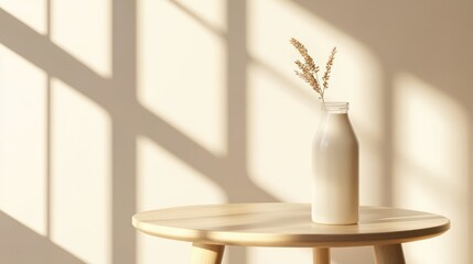 Milk bottle, sunlit room, floral still life