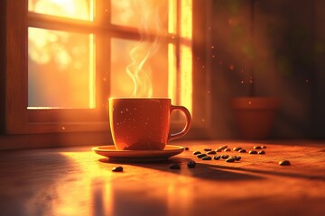 Obraz premium Warm cup of coffee steaming by the window as morning sunlight shines through in a cozy setting