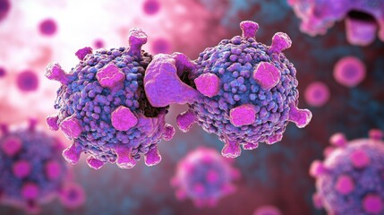 Close up of purple and blue cancer cells and virus bacteria details in studio lighting conditions