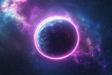 Fototapeta premium Vibrant cosmic scene showcasing Earth surrounded by luminous nebula and glowing energy ring in deep space