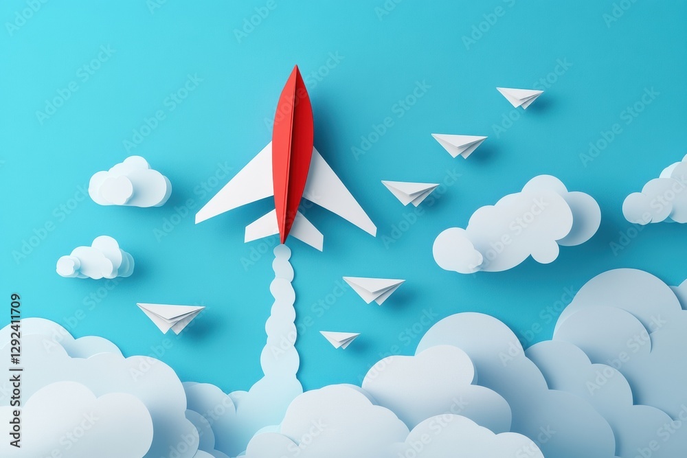 Poster red and white airplane leads smaller paper planes in a vibrant blue sky, showcasing leadership and d