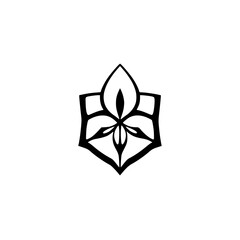 Black and white symmetrical, stylized floral emblem on white background.