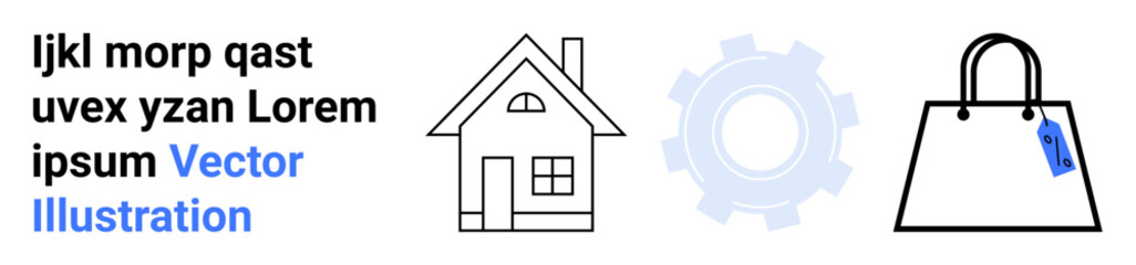 House outline, gear icon, and shopping bag suggesting real estate, industrial innovation, and commerce. Ideal for real estate, shopping, mechanics, e-commerce services simplicity flat landing page