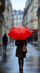 Parisian Rainy Street Woman Red Umbrella