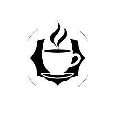 A stylized monochrome coffee cup icon, surrounded by a black and white design, representing coffee.
