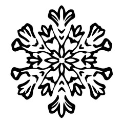 Black snowflake illustration against white background, with symmetrical design.