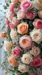 Elegant floral arrangement featuring pink, peach, and white roses with delicate baby's breath and lush green leaves, creating a romantic and sophisticated bouquet for special occasions


