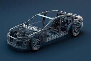 A digital wireframe illustration of a modern automobile chassis