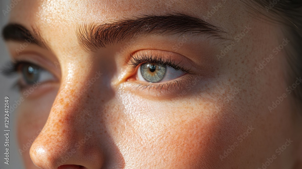 Poster close up of a womans face showing a contrast between wrinkle free skin and drawn lines for a medical
