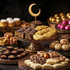 Eid sweets display, ornate trays, dark background