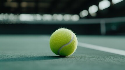 Close-Up of a Vibrant Yellow Tennis Ball on a Green Indoor Court Surface in Soft Focus