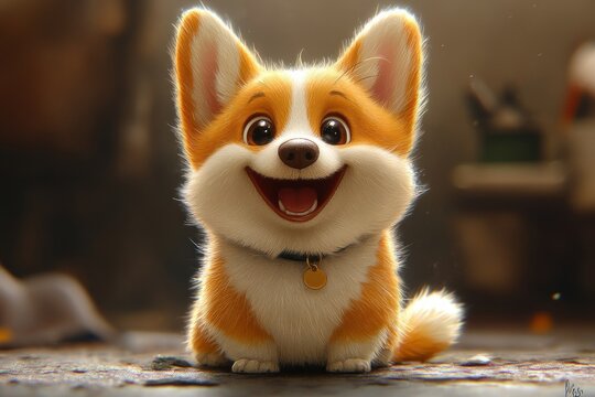 Cheerful Corgi Dog Portrait Cartoon Style Vibrant Colors Happy Expression Wagging Tail - Powered by Adobe