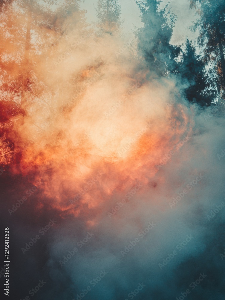 Poster intense flames and thick smoke engulf a forest scene creating a dramatic atmosphere for environmenta