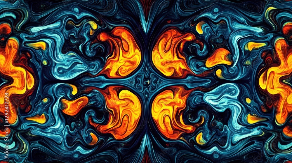 Poster abstract swirling patterns of vibrant orange and blue colors creating a dynamic visual effect