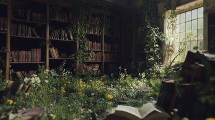 Obraz premium The Overgrown Library: A Tale of Nature's Reclamation of Knowledge