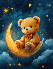Whimsical Watercolor Teddy Bear on Crescent Moon Surrounded by Clouds and Stars