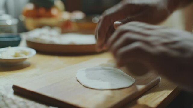 Hands of unrecognizable male chef rolling dough on table with wooden rolling pin, cooking traditional Indian flatbread in kitchen. Close-up shot