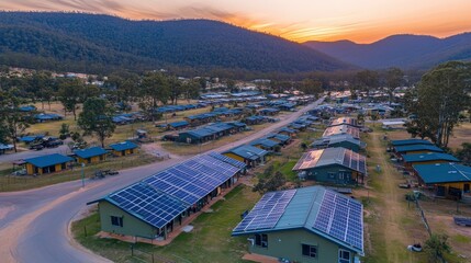 Aerial view of a serene camping area with solar panels at sunset amidst mountains