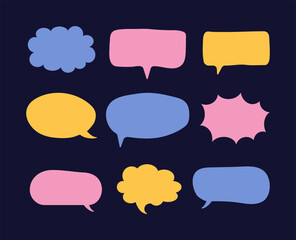 Multicolored hand drawn speech bubbles set. Doodle blank text block templates for chats and social media.