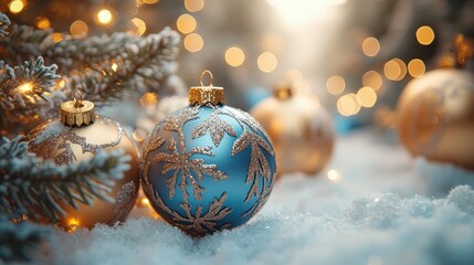 Elegant Christmas Background with Baubles Ornaments Gifts Decorations in Gold and Blue Colors