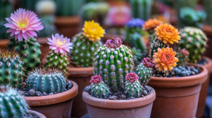 Set of cactus, desert cacti flowers stetsonia, carnegia, selenicereus and rhipsalidopsis with saguaro or opuntia. Cartoon blooming succulents with green prickly leaves and blossoms Vector illustration